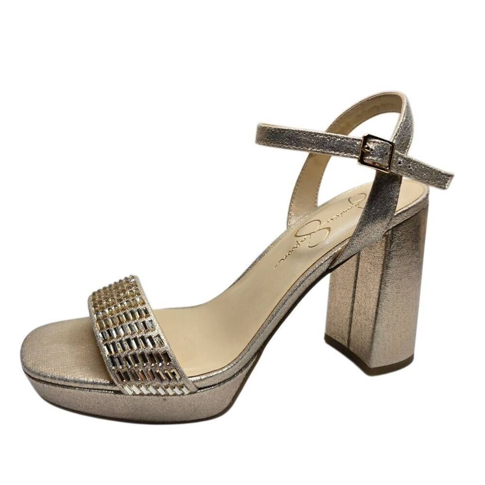 Jessica Simpson Gold Champagne Neutral Rhinestone Platform Block Heel Sandals 8.
